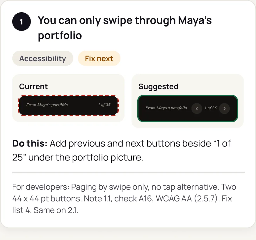 Audit note 1 'You can only swipe through Maya's portfolio', marked Accessibility and Fix next, with the current pager beside the suggested one that has previous and next buttons, a 'Do this' line and a line for developers.